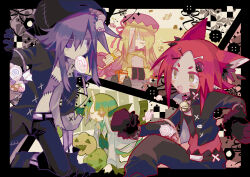 Rule 34 | 4girls, absurdres, animal ears, bell, black gloves, black headwear, black jacket, black pants, black sclera, black shirt, candy, closed eyes, collared shirt, colored eyelashes, colored sclera, cropped jacket, english text, fang, flower, flower over eye, food, food in mouth, gloves, green hair, green shirt, green vest, halloween, hat, highres, horns, jacket, jiangshi, lab coat, lollipop, long sleeves, mismatched sclera, multiple girls, neck bell, open clothes, open jacket, open mouth, orange flower, original, pants, purple eyes, red hair, red headwear, shirt, short hair, short hair with long locks, shorts, single horn, smile, star-shaped pupils, star (symbol), swirl lollipop, symbol-shaped pupils, usagi nui, vest, wolf ears, wolf girl, worm, yellow eyes, yellow shorts, zombie