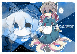 Rule 34 | 1girl, absurdres, apron, blue bow, blue bowtie, blue dress, border, bow, bowtie, brown hair, buttons, copyright name, dress, frilled dress, frills, green eyes, hair between eyes, highres, horns, long hair, long sleeves, maid, no mouth, original, pixiv fantasia, pixiv fantasia age of starlight, pointy ears, shirt, solo, speech bubble, tachibana yellow, tentacle limbs, tentacles, translation request, waist apron, white border, white shirt, zoom layer