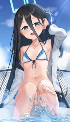 Rule 34 | 1girl, aris (blue archive), armpits, barefoot, bikini, black hair, blue archive, blue eyes, blue sky, blush, breasts, bubble, cloud, commentary, english commentary, feet, fence, foreshortening, frilled bikini, frills, full body, hair between eyes, halo, hand on own ear, highres, jacket, jewelry, kurisu-kun, long hair, long hair between eyes, looking at viewer, lowleg, lowleg bikini, navel, off shoulder, open mouth, outdoors, pool, poolside, sitting, sky, small breasts, soles, splashing, stomach, swimsuit, teeth, toes, very long hair