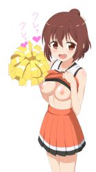 Rule 34 | 10s, 1girl, :d, anima yell!, blush, breasts, brown eyes, brown hair, cheerleader, clothes lift, collarbone, commentary request, fang, hair between eyes, hair bun, hands up, heart, highres, holding, looking at viewer, medium breasts, nipples, open mouth, orange shirt, orange skirt, pleated skirt, pom pom (cheerleading), shirt, shirt lift, simple background, sincos, single hair bun, skirt, smile, solo, tank top, tatejima kotetsu, translation request, white background