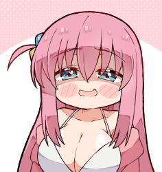 Rule 34 | 1girl, aqua eyes, bare shoulders, blush stickers, bocchi the rock!, bra, breasts, chibi, cleavage, collarbone, commentary, cube hair ornament, english commentary, gotoh hitori, hair between eyes, hair ornament, highres, jacket, kukie-nyan, large breasts, long hair, looking at viewer, one side up, open mouth, pink background, pink hair, pink jacket, polka dot, polka dot background, portrait, shaded face, smile, solo, underwear, white background, white bra