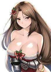 Rule 34 | 10s, 1girl, arm behind back, bare shoulders, breasts, brown hair, christmas, cleavage, collarbone, granblue fantasy, hair ribbon, highres, katalina (granblue fantasy), large breasts, long hair, red eyes, ribbon, santa costume, serious, simple background, solo, tony guisado, white background