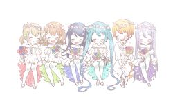 Rule 34 | 1boy, 5girls, :d, absurdly long hair, absurdres, aqua dress, aqua flower, aqua hair, aqua rose, arm support, azusawa kohane, bare legs, bare shoulders, blonde hair, blue dress, blue flower, blue hair, blue rose, blush, boots, bouquet, bow, brooch, brown hair, buttoned cuffs, chibi, closed eyes, closed mouth, collared shirt, color coordination, commentary, cross-laced footwear, crossed ankles, dark blue hair, double-parted bangs, dress, dress bow, dress shirt, facing another, facing viewer, flower, frilled dress, frills, full body, gloves, gradient hair, green dress, grey hair, hair flower, hair ornament, hanasato minori, happy, hatsune miku, head wreath, high-low skirt, highres, holding, holding bouquet, hoshino ichika (project sekai), invisible chair, jewelry, kagamine rin, lace-up boots, light brown hair, light green hair, light purple hair, lineup, long hair, long sleeves, low twintails, matching outfits, multicolored hair, multiple girls, off-shoulder dress, off shoulder, open mouth, orange flower, orange hair, orange rose, pale skin, pants, pastel colors, pink dress, pleated dress, poppu usagi, project sekai, puffy long sleeves, puffy sleeves, purple dress, red flower, red rose, rose, shirt, shoes, short hair, short sleeves, simple background, sitting, smile, straight hair, swept bangs, teeth, tenma tsukasa, twintails, two-sided dress, two-sided fabric, two-tone dress, upper teeth only, very long hair, vocaloid, white background, white bow, white dress, white flower, white footwear, white gloves, white ascot, white pants, white shirt, wing collar, yellow flower, yellow gemstone, yellow rose, yoisaki kanade