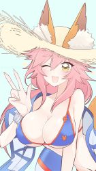 Rule 34 | 1girl, animal ear fluff, animal ears, bikini, blue bikini, blush, breasts, cleavage, collarbone, commentary, commentary request, ears through headwear, fang, fate/grand order, fate (series), fox ears, fox girl, fox tail, hat, highres, large breasts, looking at viewer, navel, one eye closed, open mouth, pink hair, side-tie bikini bottom, skin fang, solo, straw hat, suzukimadaka, swimsuit, tail, tamamo (fate), tamamo no mae (fate/extra), tamamo no mae (swimsuit lancer) (fate), tamamo no mae (swimsuit lancer) (second ascension) (fate), tamamo no mae (swimsuit lancer) (third ascension) (fate)
