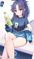 Rule 34 | 1girl, absurdres, blue archive, blue buruma, blue eyes, blue hair, blue jacket, blue shirt, blush, bottle, breasts, buruma, commentary, crossed legs, gym uniform, halo, highres, jacket, legs, long hair, looking at viewer, medium breasts, off shoulder, open clothes, open jacket, shirt, short sleeves, sitting, smile, solo, thighs, track jacket, water bottle, yuuka (blue archive), yuuka (track) (blue archive), yuye