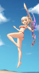 Rule 34 | 1girl, :d, absurdres, arm tattoo, ass, bare arms, bare legs, bare shoulders, barefoot, bikini, blonde hair, blue sky, bow (weapon), breasts, cloud, commentary, day, full body, genshin impact, highres, holding, holding bow (weapon), holding weapon, large breasts, luizhtx, open mouth, orange bikini, outdoors, ponytail, short hair, sky, smile, solo, stomach, swimsuit, tattoo, thighs, weapon, yellow eyes, yoimiya (genshin impact)