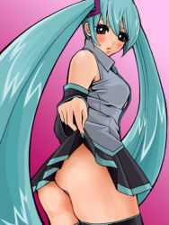 Rule 34 | 1girl, :o, aqua eyes, aqua hair, ass, bad id, bad pixiv id, bare shoulders, black thighhighs, blue nails, blush, breasts, clothes lift, detached sleeves, fingernails, from behind, from below, hair ornament, hatsune miku, kusonero, large breasts, long hair, looking back, miniskirt, nail, nail polish, necktie, panties, pleated skirt, skirt, skirt lift, solo, standing, thighhighs, twintails, underwear, upskirt, very long hair, vocaloid, zettai ryouiki