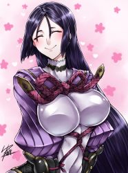 Rule 34 | 1girl, bad id, bad pixiv id, bodysuit, breasts, closed eyes, fate/grand order, fate (series), gradient background, highres, large breasts, long hair, minamoto no raikou (fate), pink background, purple hair, signature, smile, solo, thighs, very long hair, yusuki (fukumen)