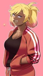 Rule 34 | 1girl, black eyes, blonde hair, breasts, cleavage, color guide, commentary, dark-skinned female, dark skin, drawstring, english commentary, fang, gyaru, hair ornament, hairclip, hands in pockets, highres, jacket, large breasts, looking at viewer, medium hair, multicolored hair, open clothes, open jacket, open mouth, original, pants, pink background, pink hair, pomki, ponytail, red jacket, red pants, smile, solo, striped, swept bangs, track jacket, track pants, track suit, two-tone hair, vertical stripes