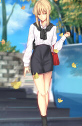 Rule 34 | 1girl, absurdres, ahoge, alternate costume, artoria pendragon (all), artoria pendragon (fate), bag, black cardigan, black skirt, blonde hair, blue ribbon, braid, cardigan, cardigan around neck, closed mouth, commentary request, fate/grand order, fate/stay night, fate (series), french braid, green eyes, hair ribbon, half-closed eyes, handbag, highres, iro (sekaixiro), jewelry, leaf, long sleeves, looking at viewer, necklace, outdoors, red bag, ribbon, saber (fate), shirt, short hair, sidelocks, skirt, smile, solo, white shirt
