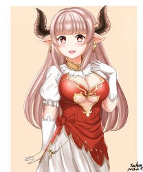 Rule 34 | 10s, 1girl, alicia (granblue fantasy), artist name, blunt bangs, blush, bow, breasts, cleavage, clothing cutout, cross, cross earrings, dated, draph, dress, earrings, gloves, granblue fantasy, highres, horns, jewelry, large breasts, long hair, looking at viewer, open mouth, pointy ears, puffy short sleeves, puffy sleeves, red eyes, short sleeves, silver hair, smile, solo, tuchan, underboob, underboob cutout, white gloves