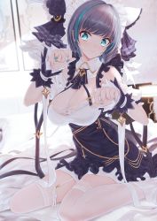 Rule 34 | 1girl, aqua eyes, azur lane, bae.c, black hair, blush, breasts, cheshire (azur lane), cleavage, detached sleeves, dress, frills, garter straps, hairband, hands up, highres, large breasts, looking at viewer, maid headdress, multicolored hair, nail polish, puffy sleeves, ribbon, sitting, slit pupils, smile, solo, streaked hair, thighhighs, wariza, white thighhighs, wrist cuffs