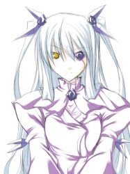 Rule 34 | 00s, 1girl, barasuishou, closed mouth, dress, expressionless, eyepatch, flower eyepatch, long sleeves, looking at viewer, pink dress, ribi, rozen maiden, silver hair, simple background, solo, white background, yellow eyes