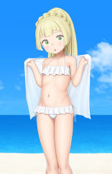 Rule 34 | 1girl, :o, absurdres, bikini, blonde hair, blush, braid, cloud, commentary request, creatures (company), day, flat chest, frilled swimsuit, frills, game freak, green eyes, hands up, highres, holding, holding towel, lillie (pokemon), long hair, navel, nintendo, outdoors, pokemon, pokemon (anime), pokemon sm (anime), sc naru, shore, side-tie bikini bottom, side-tie swimsuit, sky, solo, standing, sweatdrop, swimsuit, towel, water, white bikini