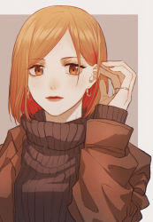 Rule 34 | 1girl, black sweater, border, brown background, brown coat, brown eyes, closed mouth, coat, earrings, grey border, highres, iduming111, jewelry, jujutsu kaisen, kugisaki nobara, long sleeves, looking at viewer, medium hair, nail polish, open clothes, open coat, orange hair, parted bangs, red lips, red nails, ribbed sweater, ring, sleeves past wrists, solo, sweater, upper body