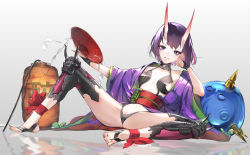 Rule 34 | 1girl, absurdres, alcohol, ankle ribbon, bare shoulders, barefoot sandals (jewelry), blush, bob cut, breasts, collarbone, cup, eyeliner, fate/grand order, fate (series), gourd, highres, horns, japanese clothes, joehongtee, kimono, lantern, leaning back, leg ribbon, legs, long sleeves, looking at viewer, makeup, navel, obi, oni, open clothes, open kimono, parted lips, purple eyes, purple hair, purple kimono, revealing clothes, ribbon, sakazuki, sake, sash, short eyebrows, short hair, shuten douji (fate), skin-covered horns, small breasts, smile, solo, spread legs, thighs