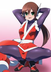 Rule 34 | 1girl, aile (mega man zx), arms behind head, blush, bodystocking, breasts, cosplay, covered erect nipples, gradient background, green eyes, hair between eyes, highres, japanese clothes, long hair, mega man (series), mega man zx, mega man zx advent, open mouth, ponytail, robot ears, shiranui mai (cosplay), simple background, solo, spandex, squatting, xenoxeno