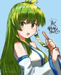 Rule 34 | 2girls, antenna hair, artist name, bare shoulders, blue background, chibi, chibi inset, commentary request, detached sleeves, flying sweatdrops, frog hair ornament, ga-chan24, green eyes, green hair, hair ornament, hair tubes, hands up, highres, holding, kochiya sanae, long hair, long sleeves, looking at viewer, multiple girls, notice lines, open mouth, shirt, sidelocks, signature, simple background, sleeveless, sleeveless shirt, snake hair ornament, sweatdrop, touhou, trait connection, turning head, upper body, voicevox, white shirt, white sleeves, wide sleeves, zundamon