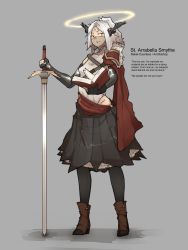 Rule 34 | 1girl, absurdres, ankle boots, black pantyhose, black skirt, book, boots, breasts, brown footwear, cape, character name, english text, female focus, full body, gauntlets, grey hair, halo, high heel boots, high heels, highres, holding, holding book, holding sword, holding weapon, horns, looking at viewer, magic, open book, original, pantyhose, planted, planted sword, planted weapon, pleated skirt, ponytail, red cape, shuuko (s h uuko), simple background, skirt, small breasts, solo, st. arrabella smythe (shuuko), st. arrabella smythe (shuuko), sword, weapon