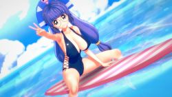 Rule 34 | breasts, glasses, gluko, highres, large breasts, mon colle knights, purple eyes, purple hair, rokumon tengai mon colle knight, surfboard, swimsuit, tagme