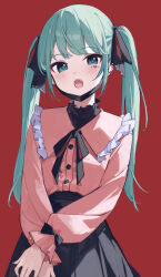 Rule 34 | 1girl, absurdres, aqua eyes, aqua hair, barbell piercing, black mask, black ribbon, black skirt, blush, buttons, center frills, commentary request, ear piercing, facial mark, fangs, frills, hair ribbon, hatsune miku, heart, heart facial mark, highres, industrial piercing, jirai kei, long hair, long sleeves, looking at viewer, mask, mask pull, mouth mask, neck ribbon, open mouth, piercing, pink shirt, puffy long sleeves, puffy sleeves, rakugaki ningen, red background, ribbon, shirt, shirt tucked in, simple background, skirt, solo, twintails, vampire, vampire (vocaloid), vocaloid