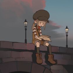 Rule 34 | 1girl, blush, brown footwear, cloud, cloudy sky, commentary, english commentary, gloves, hat, highres, holding, holding newspaper, lamppost, newspaper, open mouth, original, outdoors, sitting, sky, socks, solo, striped clothes, zevania