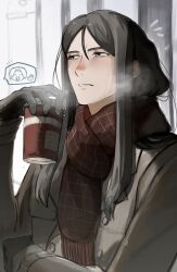 Rule 34 | 1boy, black gloves, black hair, breath, brown scarf, coat, cup, fate (series), gloves, grey coat, grey eyes, highres, holding, holding cup, long hair, long sleeves, looking ahead, lord el-melloi ii, lord el-melloi ii case files, male focus, parted lips, scarf, solo, speech bubble, tokoni fusu, upper body, waver velvet, winter