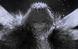 Rule 34 | 1boy, au (d elete), black eyes, cape, diamond hairband, empty eyes, eyelashes, fate/grand order, fate (series), floating hair, fur-trimmed cape, fur trim, greyscale, insect wings, looking at viewer, male focus, medium hair, monochrome, oberon (fate), oberon (third ascension) (fate), parted lips, shirt, simple background, smile, solo, teeth, twitter username, upper body, upper teeth only, white shirt, wings