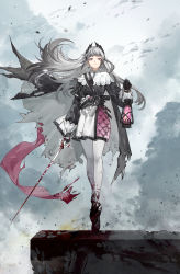 Rule 34 | 1girl, absurdres, ammunition belt, arknights, black gloves, blood, blood on clothes, bloody weapon, cape, capelet, closed mouth, commentary, earrings, floating hair, frown, full body, gloves, grey cape, grey eyes, grey footwear, grey hair, grey jacket, gun, head wings, highres, holding, holding lantern, holding sword, holding weapon, huifeideheizhu, irene (arknights), jacket, jewelry, lantern, long hair, long sleeves, looking at viewer, multicolored clothes, multicolored skirt, pantyhose, pink ribbon, pink skirt, rapier, ribbon, scar, scar across eye, scar on face, shoes, skirt, solo, standing, sword, torn cape, torn clothes, tsurime, weapon, white capelet, white pantyhose, white skirt, wings