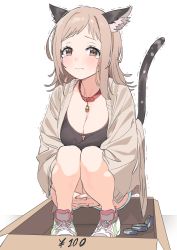 Rule 34 | 1girl, absurdres, animal ear fluff, animal ears, bare legs, black shirt, blush, box, breasts, canned tuna, cardboard box, cat ears, cat girl, cat tail, cleavage, dorontabi, extra ears, hands under legs, highres, idolmaster, idolmaster shiny colors, leather choker, looking at viewer, medium breasts, own hands together, sakuragi mano, shirt, shoes, shorts, simple background, sneakers, solo, squatting, stole, tail, tearing up, trembling