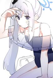 Rule 34 | 1girl, :p, bag, bare shoulders, blue archive, blue one-piece swimsuit, bow, commentary, cropped arms, cropped legs, duffel bag, grey eyes, grey hair, hair bow, halo, highres, long hair, meeeeeeco359, miyako (blue archive), miyako (swimsuit) (blue archive), one-piece swimsuit, see-through, side ponytail, sidelocks, sitting, sketch, sweatdrop, swimsuit, tongue, tongue out, very long hair, white background