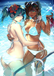 Rule 34 | 2girls, aqua hair, arm around neck, bikini, breasts, brown hair, dark-skinned female, dark skin, double exposure, flower, groin, hair flower, hair ornament, hair over one eye, halterneck, highres, large breasts, lips, long hair, looking at another, looking at viewer, midriff, multiple girls, navel, original, parted lips, partially submerged, pool, pool ladder, poolside, ripples, standing, standing on liquid, stomach, swimsuit, twinpoo, two side up, wading, water, wet