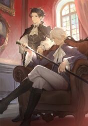 Rule 34 | 2boys, ascot, black hair, blue eyes, blue jacket, boots, cane, cape, chair, concealed weapon, crossed legs, curtains, cyrus albright, frills, from below, fujie xy, gem, grey pants, hair over one eye, highres, indoors, jacket, multiple boys, octopath traveler, octopath traveler i, pants, picture frame, ponytail, portrait, puffy sleeves, sitting, standing, sword cane, therion (octopath traveler), weapon, white ascot, white hair, wide sleeves, window