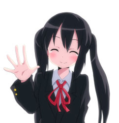 Rule 34 | 1girl, black hair, blush, closed eyes, happy, k-on!, long hair, massala, md5 mismatch, nakano azusa, neck ribbon, red ribbon, resolution mismatch, ribbon, school uniform, smile, solo, source larger, tears, twintails, waving