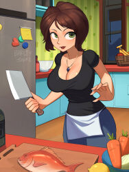 Rule 34 | 1girl, apple, apron, banana, barleyshake, basket, big hero 6, black shirt, blue pants, bottle, bowl, breasts, brown hair, carrot, cass hamada, cleavage, cleaver, collarbone, denim, disney, english text, fish, food, fruit, garlic, green eyes, heart, highres, holding, holding knife, indoors, jeans, jewelry, kitchen, knife, large breasts, lemon, looking at viewer, magnet, marvel, mature female, necklace, pants, red lips, refrigerator, refrigerator magnet, shirt, short hair, short sleeves, solo, white apron, window