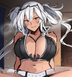Rule 34 | 1girl, anchor, bikini, blush, breasts, brown eyes, dark-skinned female, dark skin, glasses, grin, heavy breathing, highres, implied sex, kantai collection, large breasts, looking at viewer, motion lines, musashi (kancolle), musashi kai ni (kancolle), official alternate costume, out-of-frame censoring, sketch, smile, solo, sweat, swimsuit, white hair, yunamaro