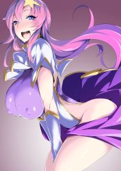 Rule 34 | 00s, 1girl, bad id, bad pixiv id, bent over, between legs, blue eyes, blush, breasts, covered erect nipples, gloves, gradient background, gundam, gundam seed, gundam seed destiny, hair ornament, hand between legs, highleg, highleg leotard, highres, ky., large breasts, leaning forward, leotard, long hair, looking at viewer, meer campbell, open mouth, pink hair, skin tight, skirt, solo, standing, star (symbol), star hair ornament, teeth, tongue