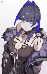 Rule 34 | 1girl, absurdres, artist name, black coat, black dress, black nails, blue eyes, blue hair, breasts, chest belt, choker, cleavage, coat, commentary, cosplay, dress, earrings, english commentary, fur-trimmed coat, fur trim, gloves, hair intakes, highres, hololive, hololive english, jewelry, lace, lace-trimmed choker, lace choker, lace trim, large breasts, looking at viewer, looking up, o22no, ouro kronii, ribbon, shiori novella, shiori novella (1st costume), shiori novella (cosplay), signature, smile, solo, striped clothes, striped gloves, virtual youtuber, white ribbon
