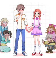 2boys 4girls bare_shoulders blonde_hair blush boots brown_hair closed_eyes column couple crying denim dress facing_another frilled_sleeves frills green_eyes grey_hair hair_ornament hair_ribbon hairpin hands_on_another&#039;s_shoulders heart heart-shaped_pupils highres holding_hands inukai_iroha inukai_komugi jeans light_brown_hair long_hair long_skirt long_sleeves looking_at_another medium_hair memento_morishiki multiple_boys multiple_girls nekoyashiki_mayu nekoyashiki_yuki orange_hair pants parted_bangs pillar ponytail precure ribbon shoes short_hair short_sleeves side_ponytail skirt sneakers socks symbol-shaped_pupils thumbs_up toyama_daifuku toyama_satoru very_short_hair watching wonderful_precure!