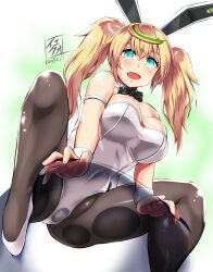 Rule 34 | 1girl, absurdres, blonde hair, detached collar, fang, gene (pso2), highres, leotard, open mouth, pantyhose, phantasy star, phantasy star online 2, sitting, solo, tagme, twintails