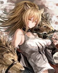 Rule 34 | 1girl, absurdres, animal ears, arknights, bare shoulders, black jacket, blonde hair, blush, breasts, candy, cleavage, closed mouth, collar, donata (donatasama), food, highres, holding, holding weapon, jacket, large breasts, lion, lion ears, lollipop, long hair, long sleeves, looking at viewer, mouth hold, off shoulder, open clothes, open jacket, ponytail, shirt, siege (arknights), solo, tank top, upper body, weapon, white shirt, yellow eyes