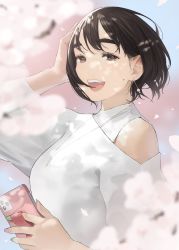 Rule 34 | 1girl, :d, blouse, brown eyes, brown hair, cellphone, cherry blossoms, dappled sunlight, earrings, falling petals, fingernails, ganbare douki-chan, green nails, highres, holding, holding phone, jewelry, kouhai-chan (douki-chan), looking at viewer, mole, mole on cheek, multicolored nails, nail polish, necktie, open mouth, petals, phone, pink nails, shirt, short hair, smile, solo, sunlight, teeth, upper teeth only, white shirt, yomu (sgt epper)