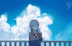Rule 34 | 1girl, arm at side, blue sky, braid, cheek pinching, closed mouth, cloud, cloudy sky, commentary request, contrail, day, facing viewer, hair over shoulder, hand up, highres, long hair, long sleeves, low twin braids, madotsuki, muted color, outdoors, pinching, print sweater, railing, sky, smile, solo, sweater, turtleneck, turtleneck sweater, twin braids, upper body, xgshjsgha, yume nikki