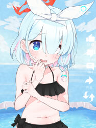 Rule 34 | 1girl, absurdres, arona (blue archive), bikini, black bikini, black bow, blue archive, blue eyes, blue hair, blue pupils, blue sky, blunt bangs, blush, bow, bow bikini, bow hairband, braid, choker, cloud, collarbone, colored inner hair, commentary, day, fake screenshot, flat chest, frilled bikini, frills, hair over one eye, hair ribbon, hairband, halo, hands up, highres, light blue hair, looking at viewer, multicolored hair, navel, open mouth, pink hair, red halo, ribbon, shiroron mochi, short hair, side braid, single braid, sky, solo, sweat, swimsuit, two-tone hair, upper body, user interface, wavy mouth, white choker, white hairband, white ribbon