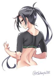 Rule 34 | 1girl, amagiri (kancolle), black hair, blush, closed mouth, cowboy shot, ebifurya, glasses, grey eyes, hair between eyes, highres, kantai collection, long hair, looking at viewer, one-hour drawing challenge, ponytail, shirt, simple background, smile, solo, twitter username, underwear, undressing, white background