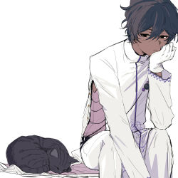 Rule 34 | 1boy, absurdres, arjuna (fate), black eyes, black hair, closed mouth, dark-skinned male, dark skin, expressionless, fate/grand order, fate (series), gloves, grey cat, head rest, highres, kaigan0211, long sleeves, looking at another, male focus, pants, shirt, short hair, sideless outfit, simple background, sitting, solo, white background, white gloves, white pants, white shirt
