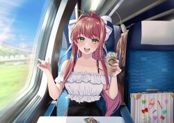 Rule 34 | 3girls, :d, \m/, absurdres, black bra, black skirt, blue hair, blush, bow, bra, bra strap, breasts, briefcase, brown hair, cleavage, cloud, commentary, cup, doki doki literature club, drinking straw, english commentary, english text, feather hair ornament, feathers, grass, green eyes, hair bow, hair ornament, halo, head tilt, heads together, high-waist skirt, highres, holding, holding cup, hololive, hololive english, long hair, looking at viewer, mechanical halo, medium breasts, mi tarou0412, monika (doki doki literature club), multiple girls, nanashi mumei, nanashi mumei (1st costume), off-shoulder shirt, off shoulder, open mouth, ouro kronii, ouro kronii (1st costume), pink nails, shirt, sitting, skirt, sky, smile, solo focus, train interior, underwear, v, virtual youtuber, watermark, white bow, white shirt, window