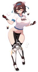 Rule 34 | 1girl, absurdres, android, ass, bare hips, black-framed eyewear, blush, breasts, brown hair, full body, gabai, glasses, gym shirt, hair between eyes, hairband, hands up, headgear, highres, hololive, large breasts, leaning forward, looking at viewer, mecha musume, mechanical arms, mechanical legs, medium hair, open mouth, ribbon, roboco-san, robot girl, shirt, short sleeves, sigh, simple background, standing, standing on one leg, sweat, taut clothes, taut shirt, thigh gap, thighs, virtual youtuber, white background, wide hips, yellow eyes