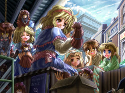 Rule 34 | 1boy, 4girls, alice margatroid, alice margatroid (pc-98), amamizu (myofuu kai), ass, blonde hair, blue eyes, book, box, brown hair, building, creepy, day, doll, dual persona, glowing, glowing eyes, grimoire, grimoire of alice, hairband, hanging, happy, hat, head rest, horror (theme), hourai doll, long hair, long sleeves, multiple girls, mystic square, open mouth, outdoors, puppet, sash, short hair, sitting, smile, tears, time paradox, touhou, touhou (pc-98), witch hat, yellow eyes