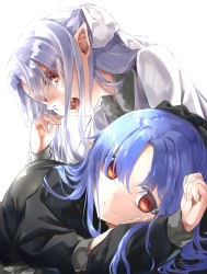 Rule 34 | 2girls, absurdres, black bow, blue hair, bow, chiizu ore, closed mouth, hair bow, highres, len (tsukihime), long hair, long sleeves, looking at viewer, multiple girls, open mouth, pointy ears, red eyes, simple background, smile, tongue, tsukihime, white background, white bow, white hair, white len (tsukihime)